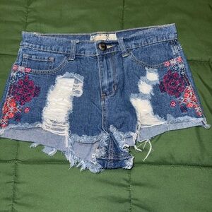 Boohoo Distressed Blue Embroidered Jean Shorts